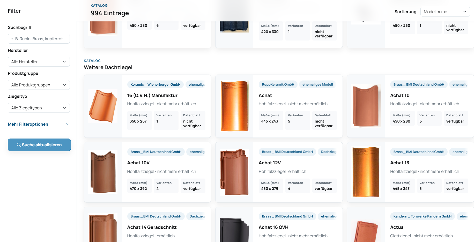 Suchoberfläche von Dachziegelweb mit Filterleiste und Ergebnissen